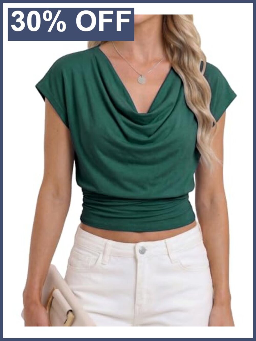 Womens Cowl Neck Drapey Top Short Sleeve Ruched Cinched Waist Cotton Spandex
